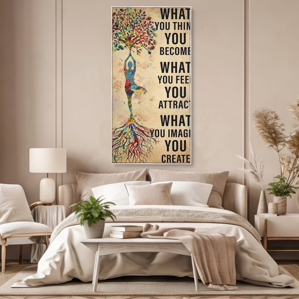 Tablou canvas cu tablou canvas motivational cu silueta si copac, in rama de aluminiu argintiu, pe perete intr-un dormitor